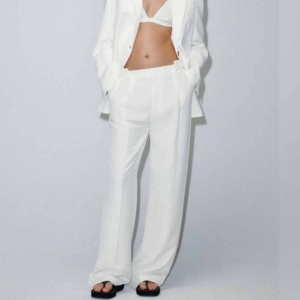 Zara Oyster White Full Length Straight Leg Trousers